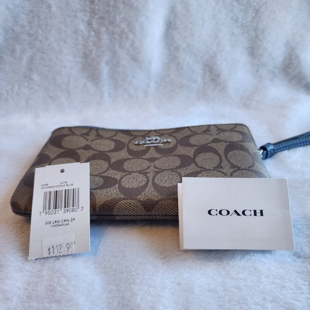 NWT COACH Large Corner Zip Wristlet In Signature‎ Canvas Khaki/Stone Blue 6648